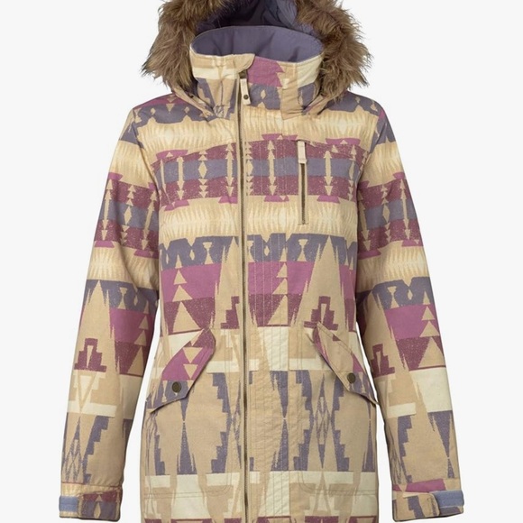 Burton Jackets & Blazers - Burton Beige and Purple Geometric Ski Jacket with Fur Hood